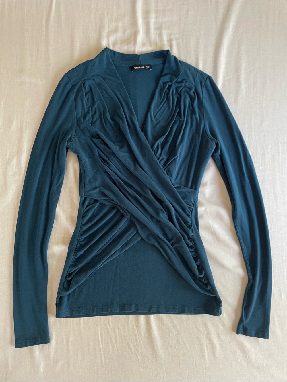 PattyBoutik Teal Draped Faux-Wrap Long Sleeve Top